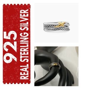 🐘🐘 925 Sterling Silver 18K Gold Plated Crossover Band Ring